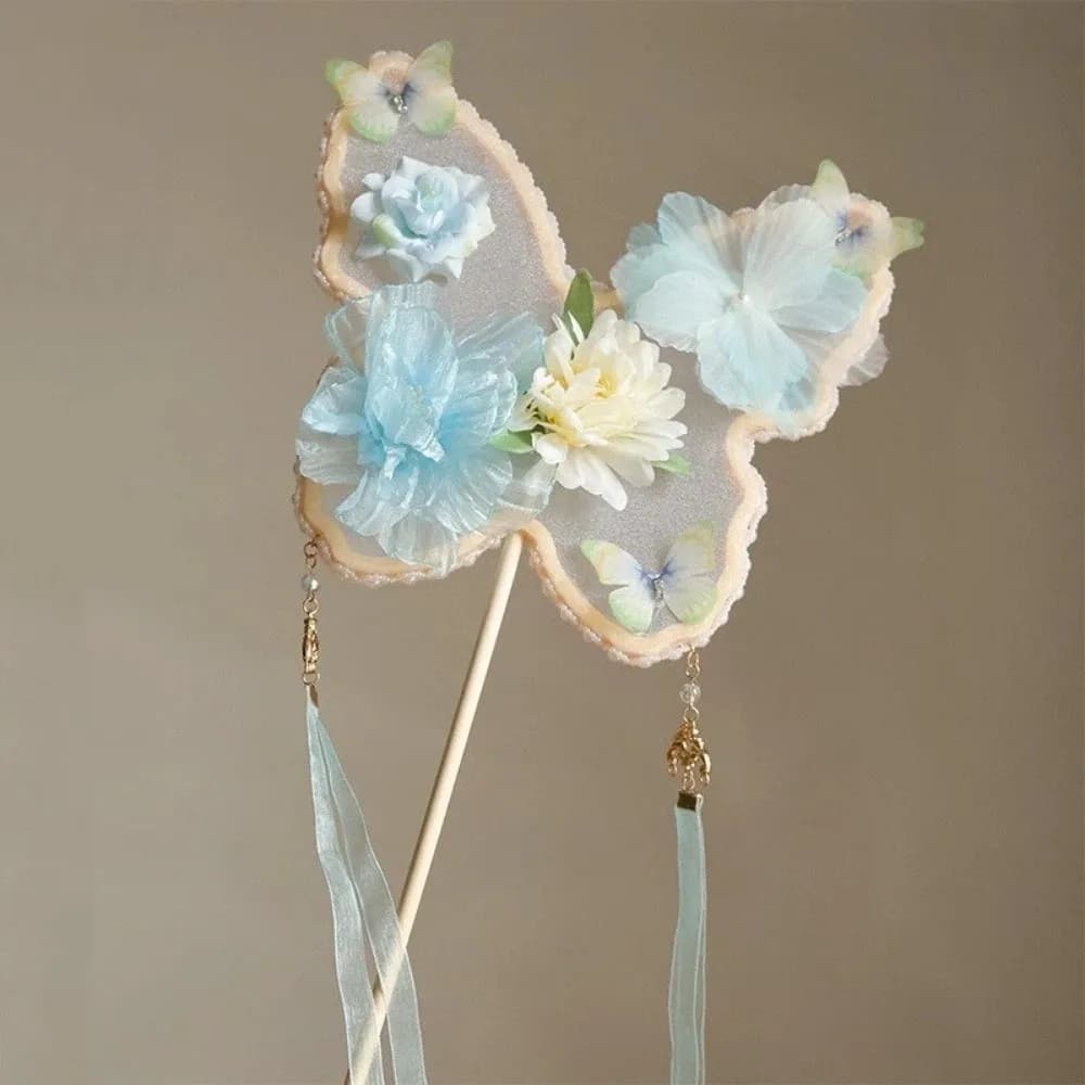 Éventail papillon artisanal à long manche, décoratif, style ancien, avec pompon, pour spectacle arti