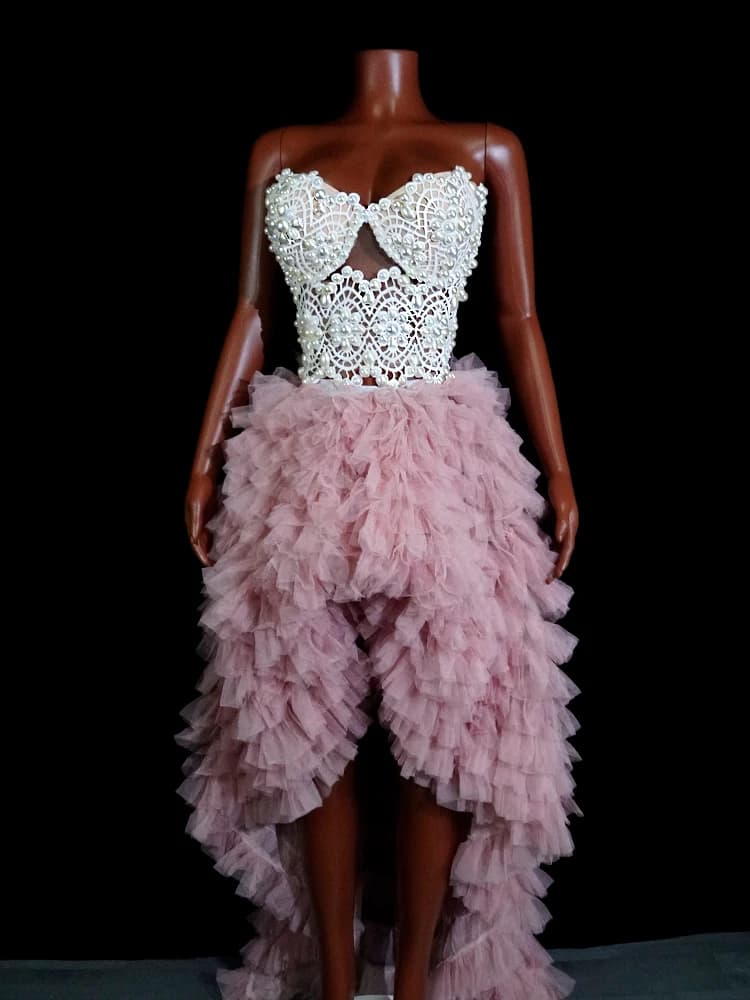 Robe longue élégante en dentelle rose perle, deux pièces, sexy, soirée, mariage, club, tenues d'anni