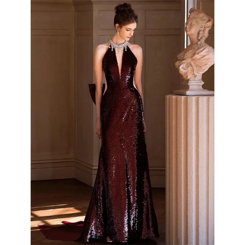 Robes de soirée robe de Toast à paillettes mariée vin rouge Banquet de fiançailles élégant longue li