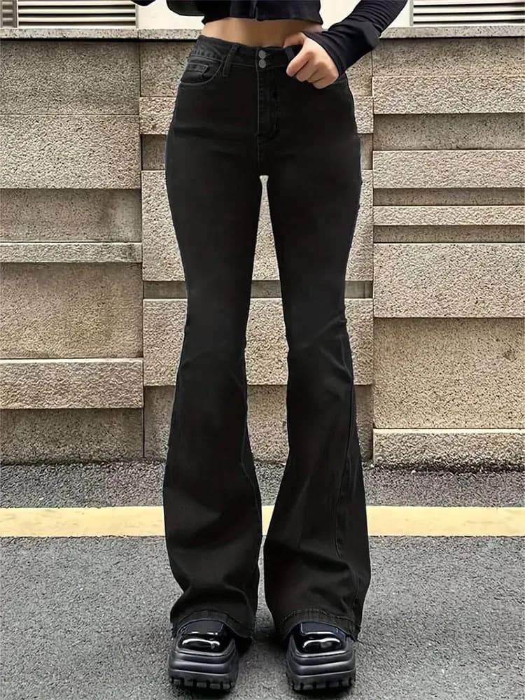 Jean évasé extensible pour femmes, moustache, mode, slim, bas de cloche, taille haute, pantalon en D