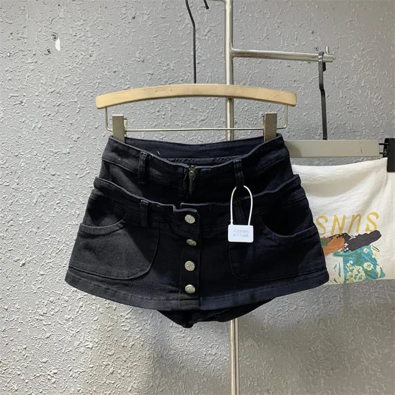 Jupe courte en jean effet deux pièces pour femme, style décontracté américain, délavée, rétro, coupe