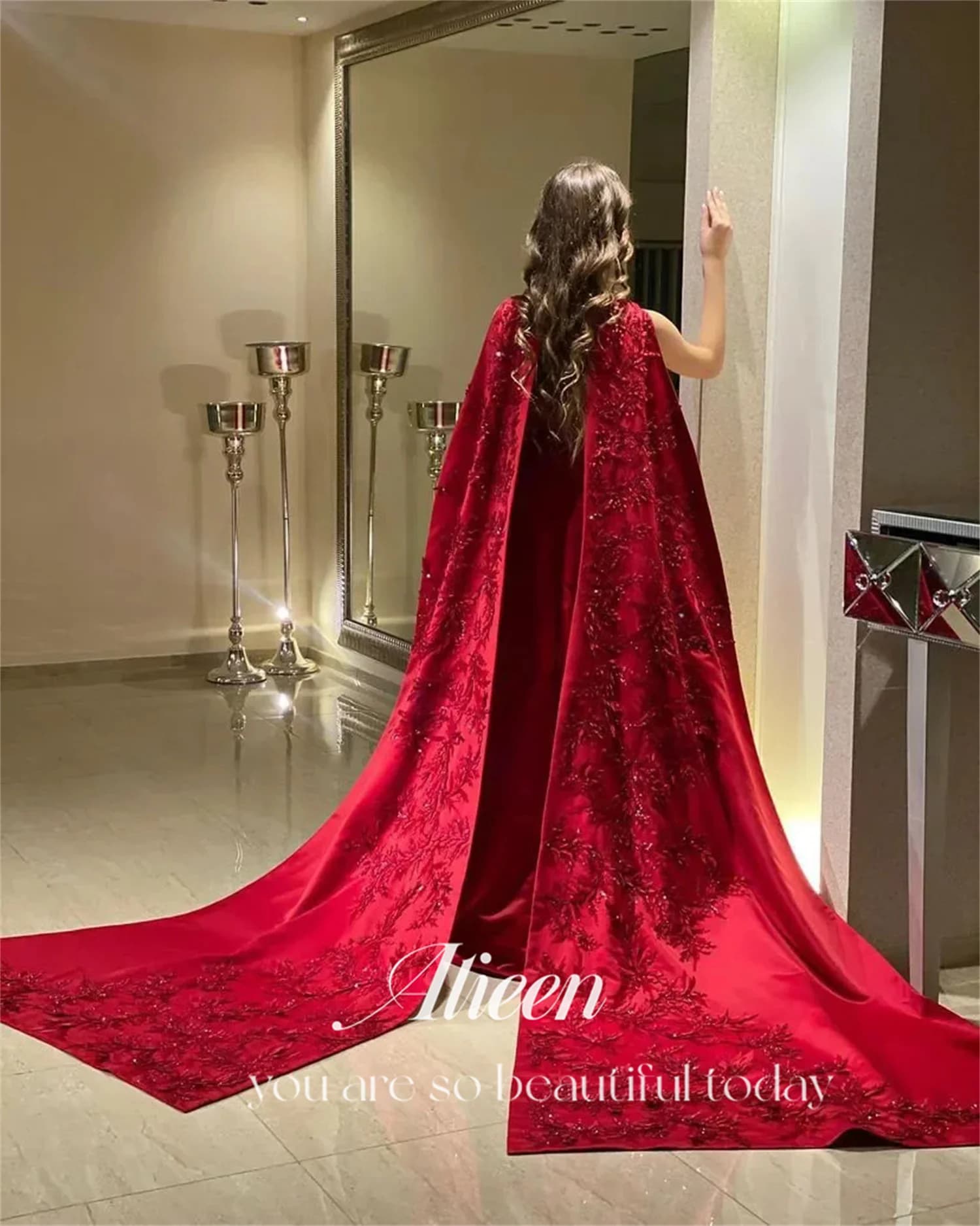 Robe Longue Rouge à Châle Perlé pour Femme, Tenue de Bal, de Soirée, de Mariage, Élégante, Tout Luxe
