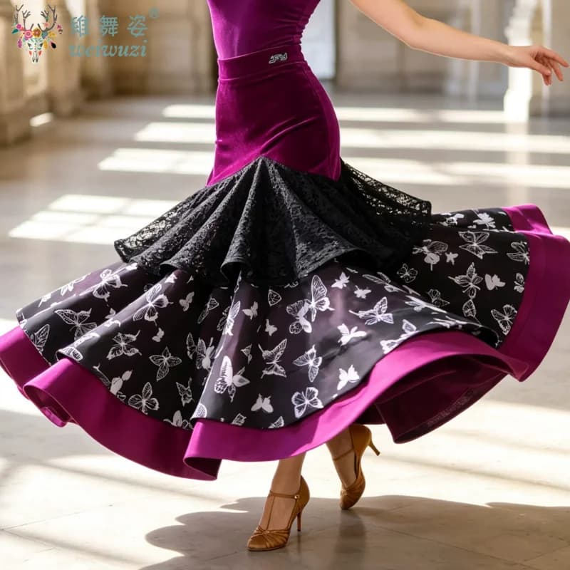 Jupe de danse de salon pour femme, taille haute, à volants, imprimé floral, moderne, pour salsa, tan