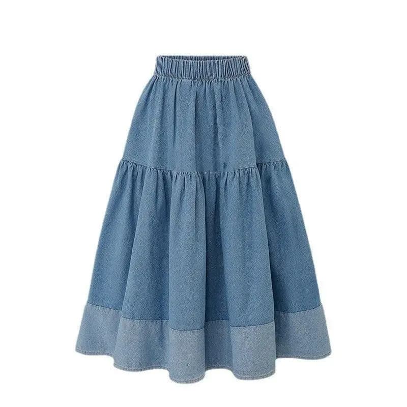 Jupe en jean bleu femmes taille haute jupes longues à plusieurs niveaux Denim élastique tenue décont