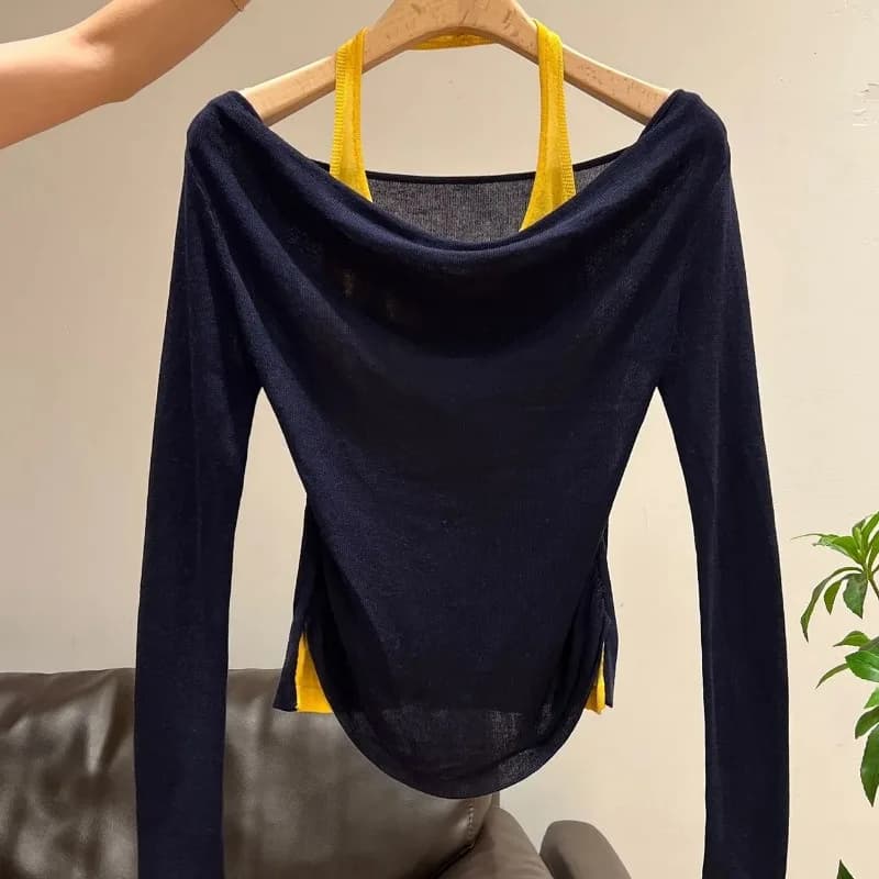 Haut en tricot à manches longues contrastant bleu marine et jaune pour femme, coupe ajustée, pull dé