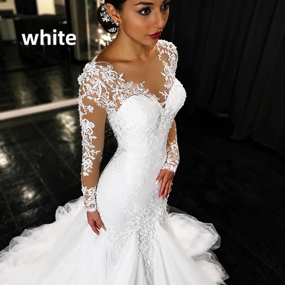 Robe de mariée sirène manches longues, col V transparent avec appliques de dentelle, dos illusion, t