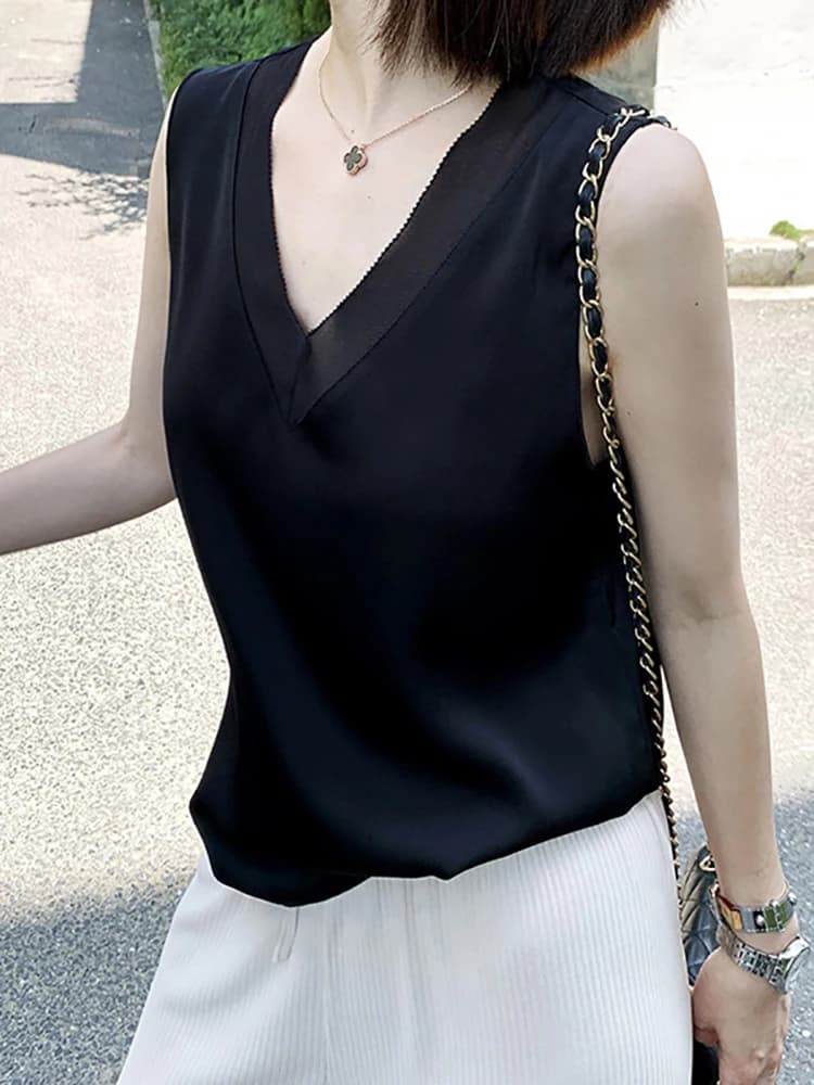 Chemisier Noir Élégant d'Été pour Femme, Tunique Vintage en Satin de Soie, Blouse Basique en Moussel