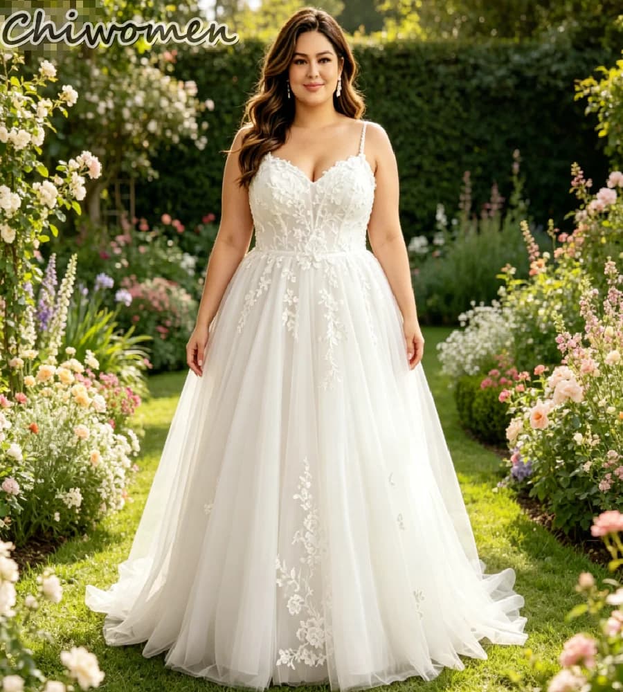 Robe de mariée trapèze pour femmes rondes 2026, sexy, à bretelles spaghetti, en tulle et dentelle, p