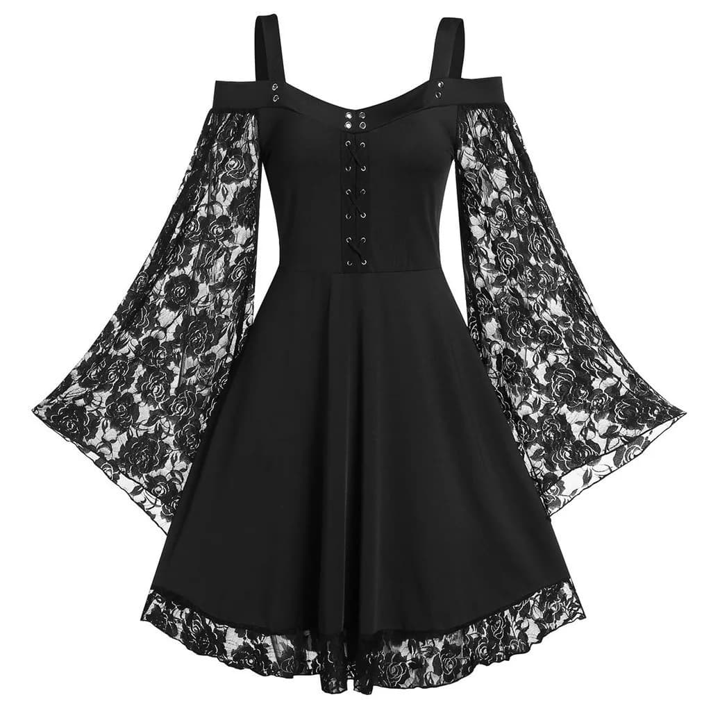 Robe gothique mi-longue à la mode, asymétrique épaule dénudée, manches évasées, dentelle Patchwork, 