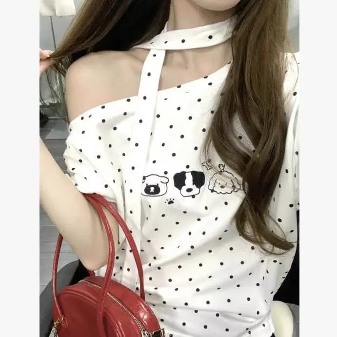 Tops à manches courtes pour femmes, t-shirt mignon à pois avec nœud papillon, coupe ample, épaules d