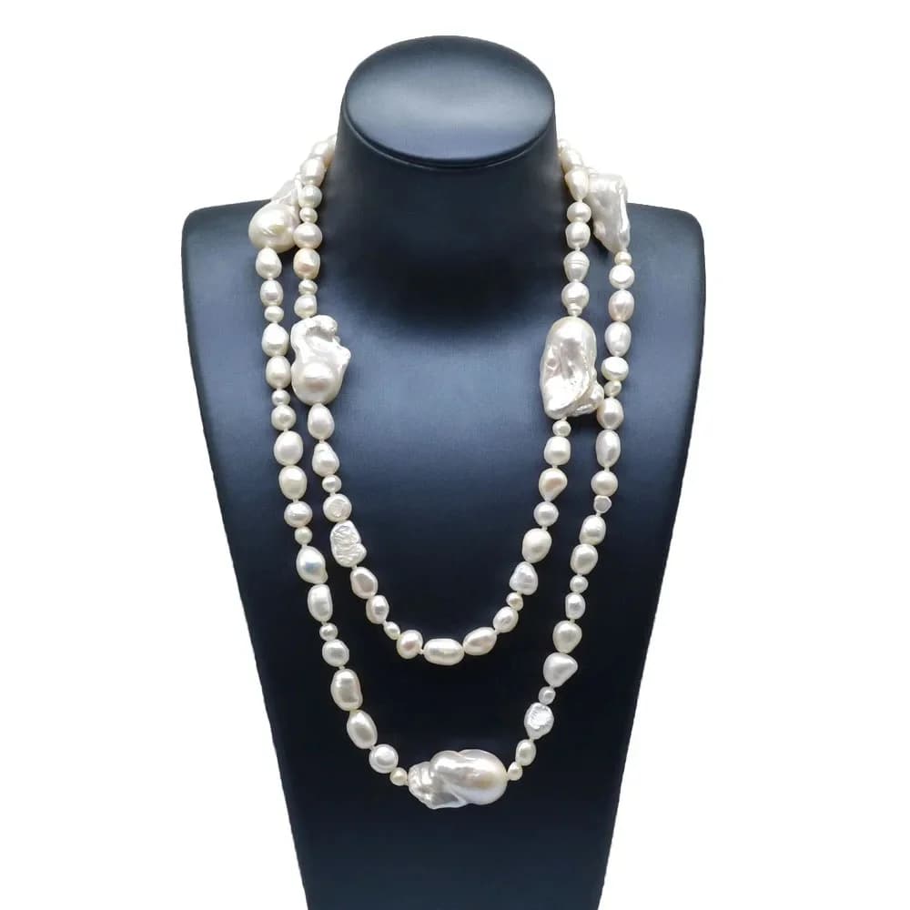 Collier long en perles baroques blanches naturelles pour femmes, double couche, pull de fiançailles,
