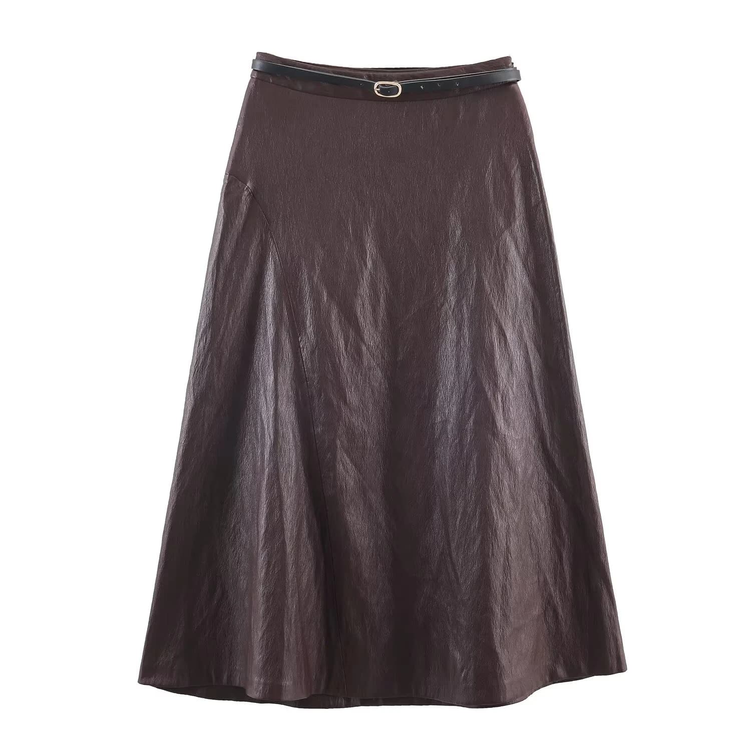 Jupe MIDI taille haute effet cuir, décoration de ceinture, design sens, texture cuir PU, jupe trapèz