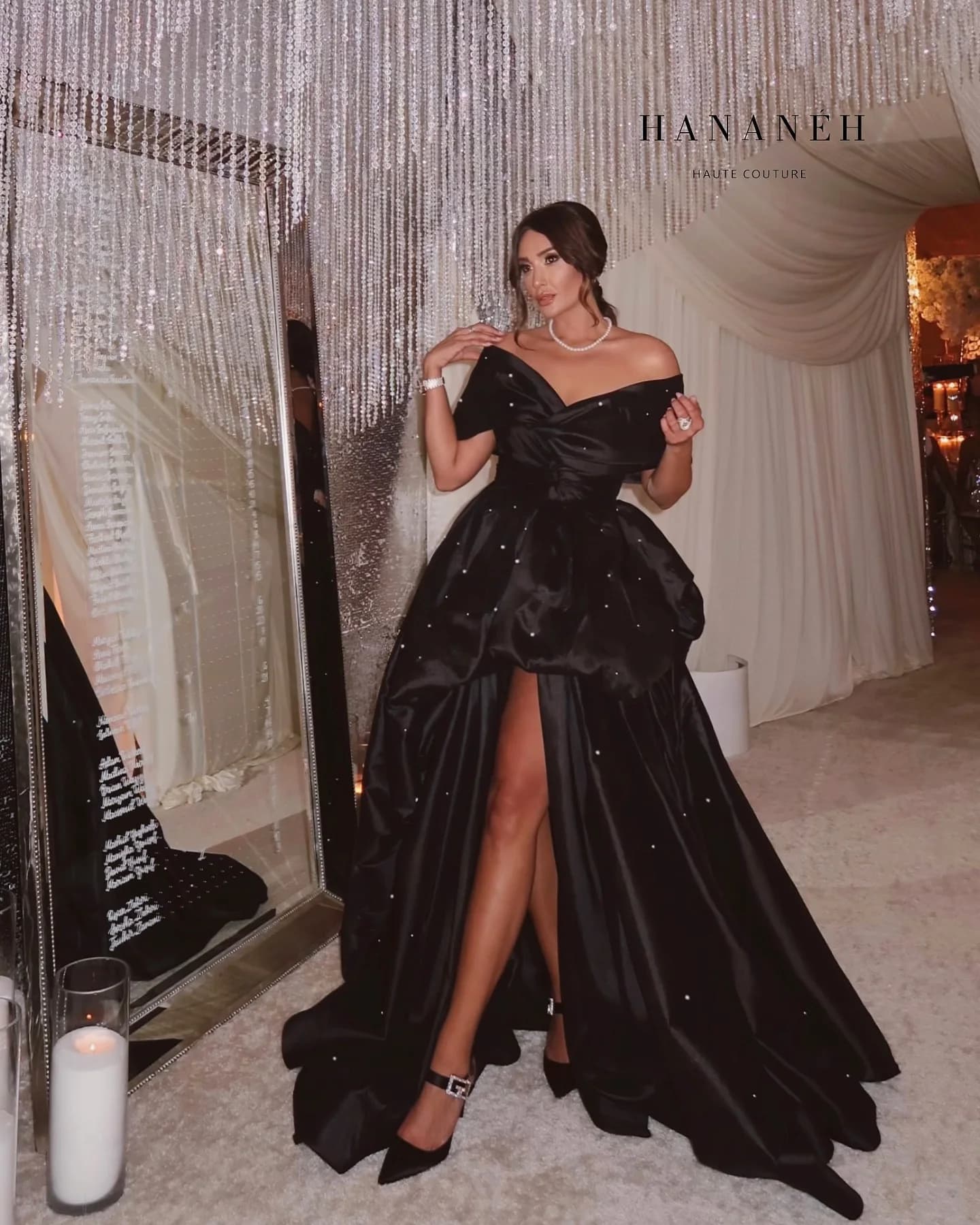 Robe de soirée longue en satin noir, épaules dénudées, fente haute, en taffetas bouffant, longueur r