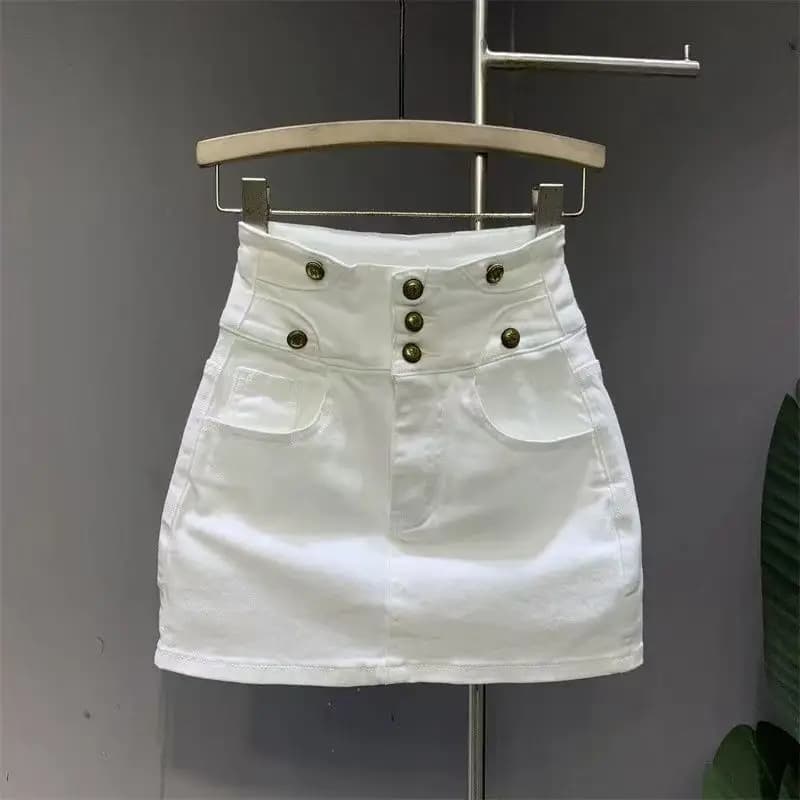 Nouvelle jupe en jean taille haute blanche bouton a-word jupes de hanche pour les femmes avec poche