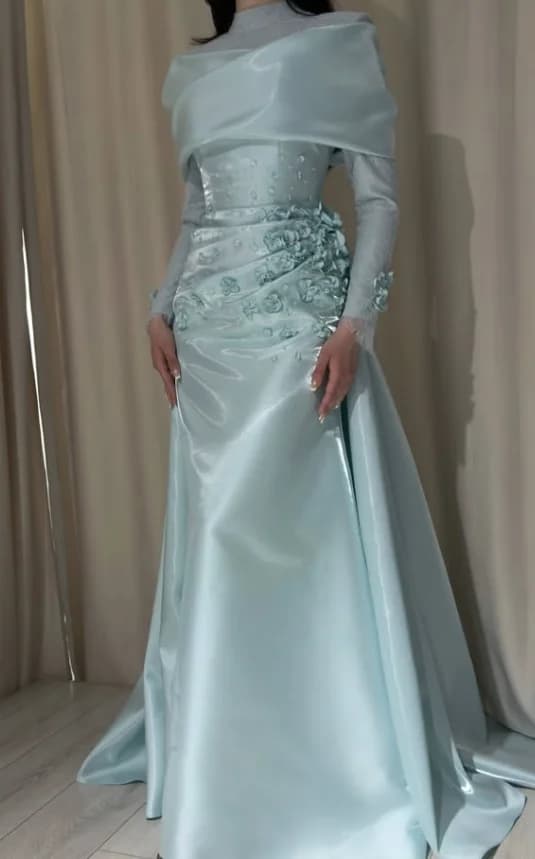Robes de soirée vert menthe à manches longues, froncées, à col haut, pour bal de promo, robe de célé