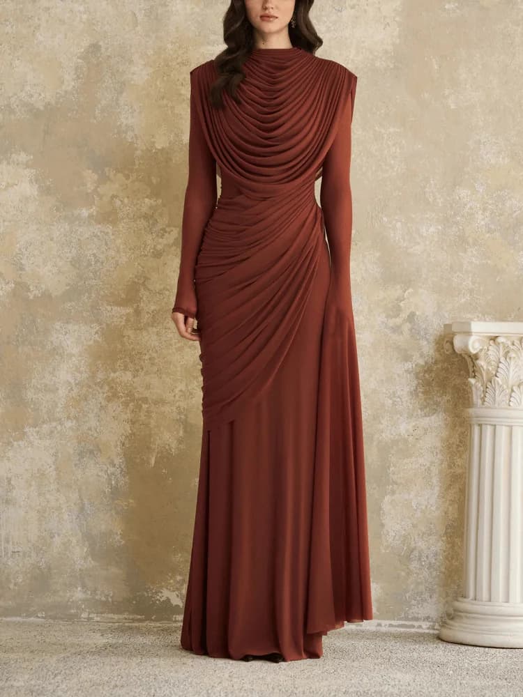 Robe longue drapée unie pour femme, élégante, à manches longues, taille cintrée, plissée, moulante, 
