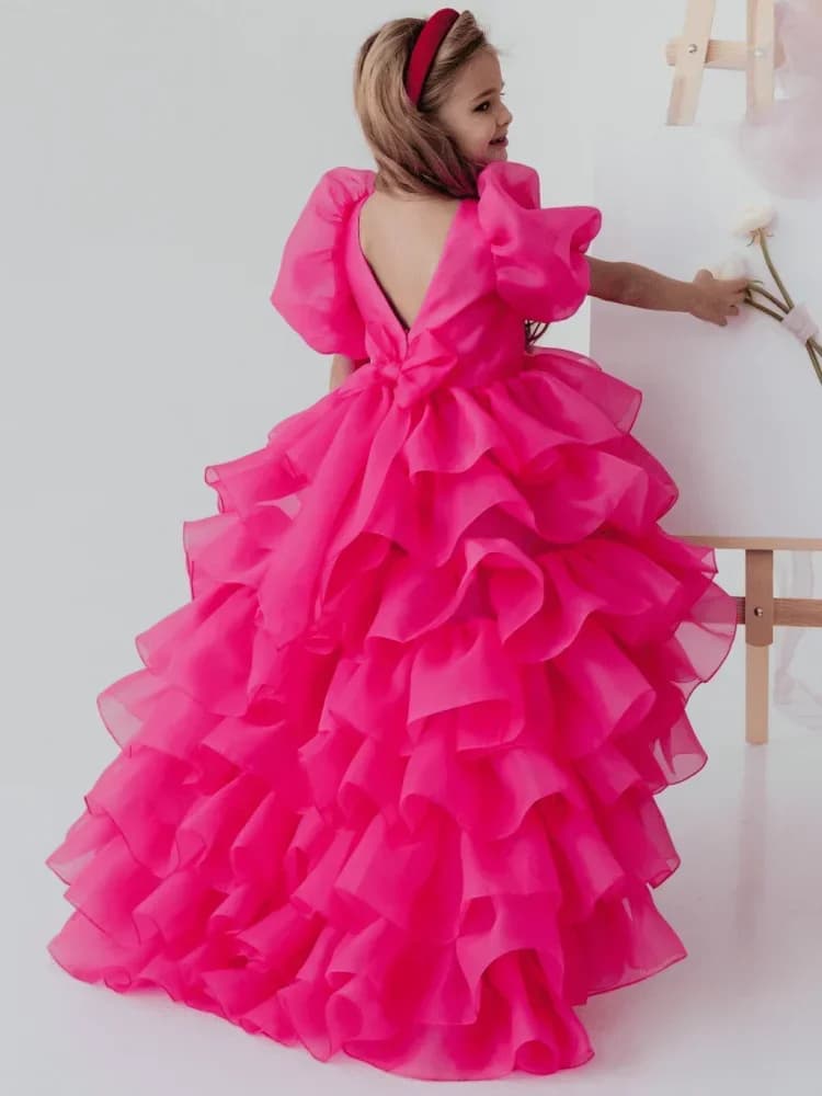 Robe longue à fleurs pour filles, à plusieurs niveaux avec queue d'arc, manches courtes, pour mariag