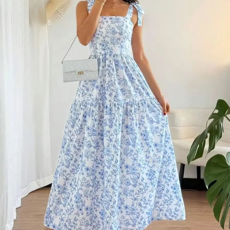 Robe longue élégante française plissée à volants et imprimé floral, robe sans manches à col en V et 