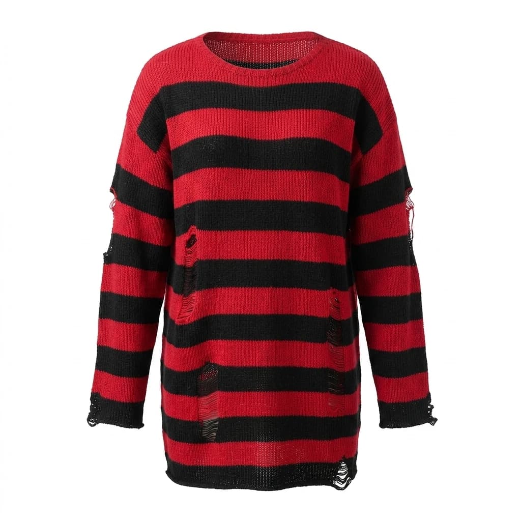 Pull en tricot rayé rouge et noir pour femme, col rond, manches longues, coupe ample, style grunge s