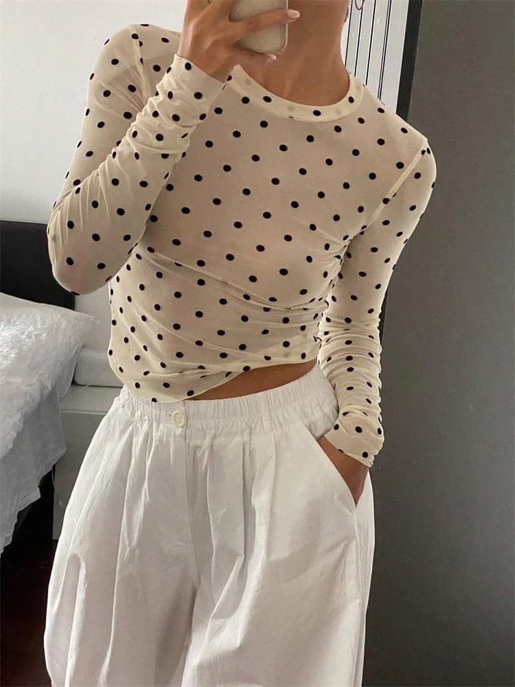 T-shirt en maille à manches longues et col rond pour femme, été, sexy, transparent, coupe ajustée, s