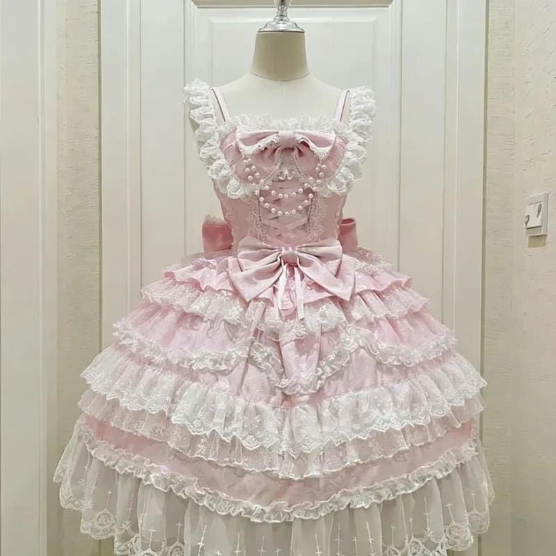 Lolita Kawaill princesse Style robe mi-longue nœud dentelle Harajuku décontracté à manches longues m