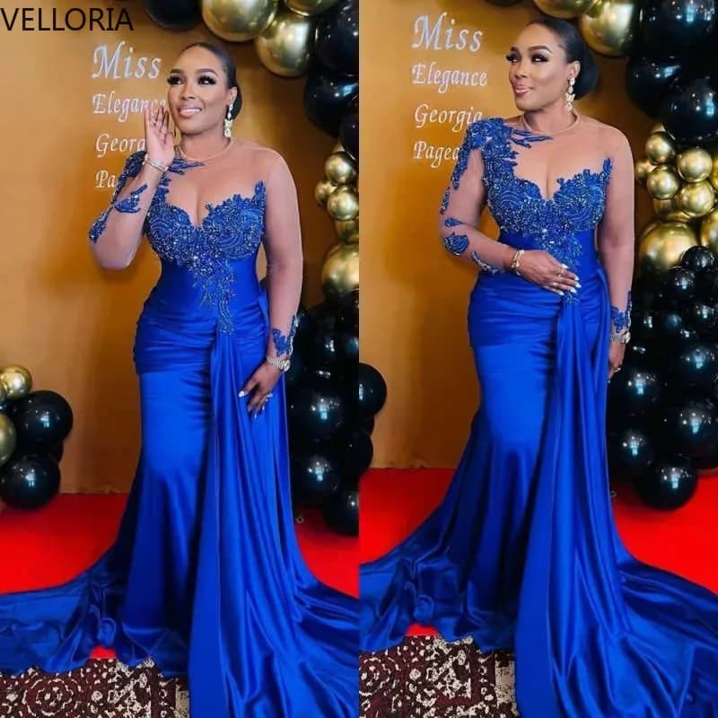 Robe De soirée en dentelle bleue pour femmes, asymétrique épaule dénudée, manches longues, robe De s