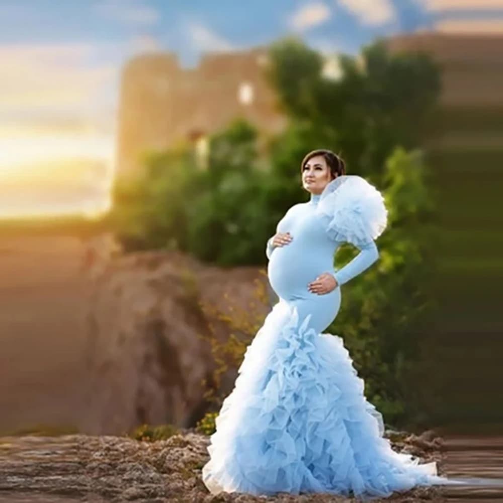 Robes de photographie de grossesse sirène, manches longues, grandes fleurs faites à la main, volants