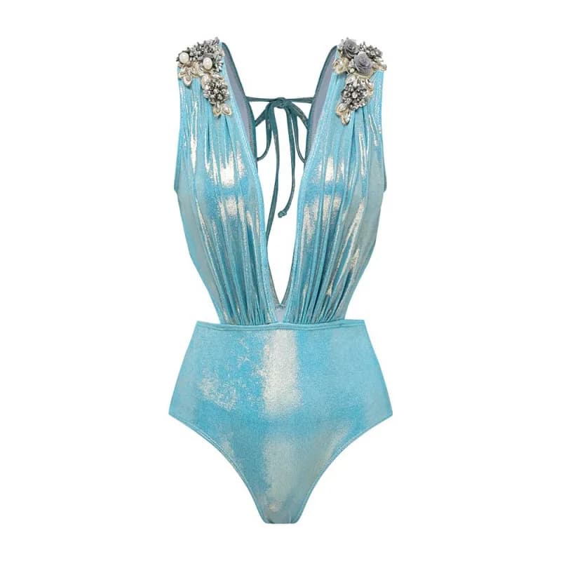 Maillot de bain une pièce bleu uni à décolleté plongeant et jupe, collection 2026, pour femme, tenue