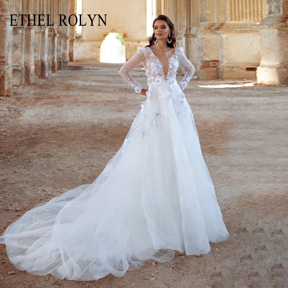ETHEL ROLYN robe De mariée en dentelle à manches longues princesse Illusion fleurs dentelle Applique
