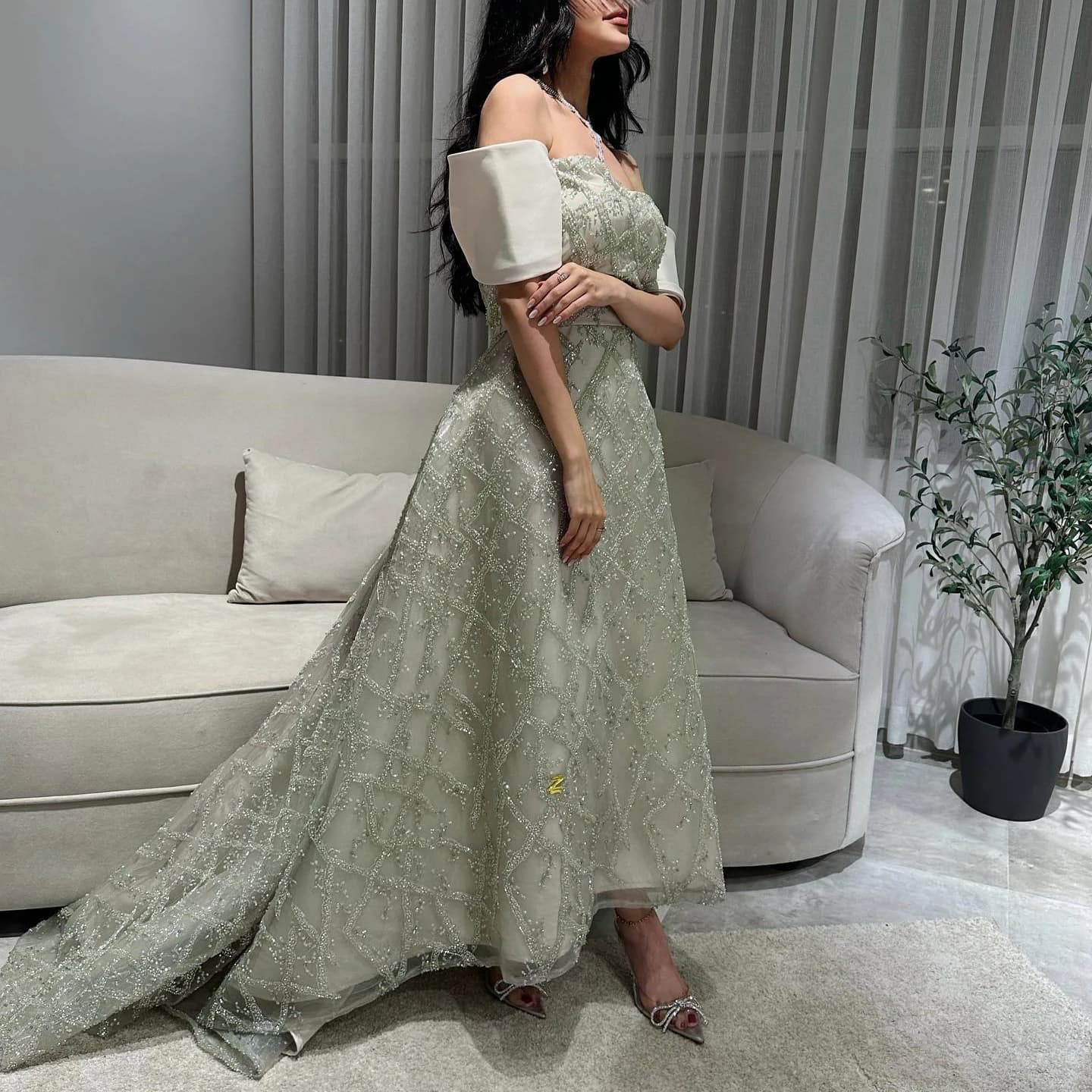 Sharon Said-Robe de Soirée A-ligne Vert Sauge pour Femme, Élégante, Perlée, Midi, ixFormelle, Gfully