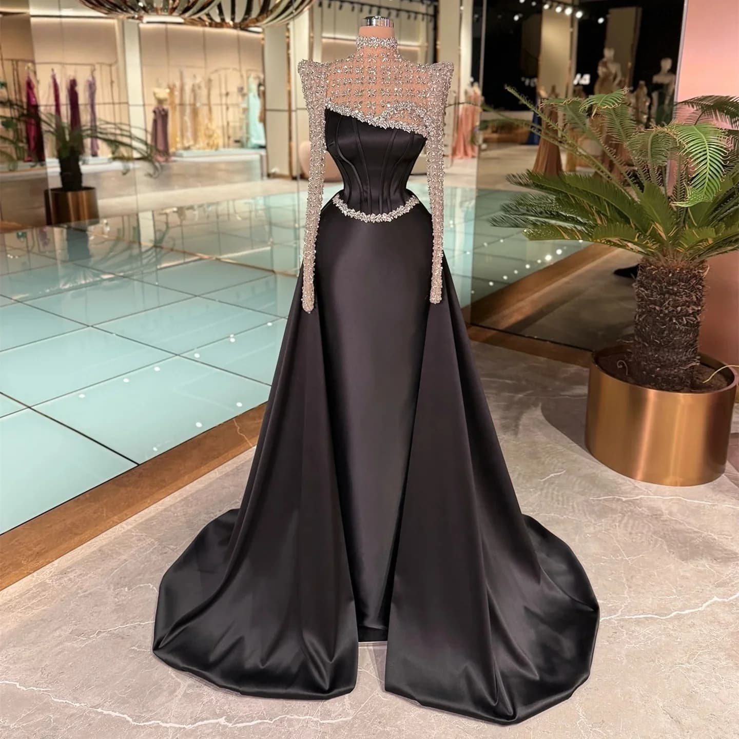 Robes de bal noires à manches longues, coupe trapèze, ornées de perles, style Arabie Saoudite Dubaï,