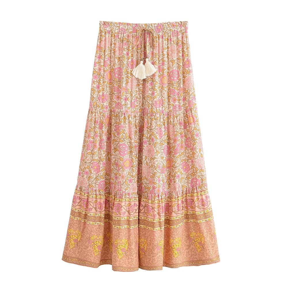 Boho Dinner ens Vintage Women, Pink Floral, High Elastic Waist, Holiday Beach, Bohemian Skirt, Maxi 