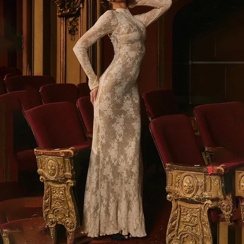 Robe en dentelle à manches longues et col rond pour fille, jupe Sexy française Slim, découpée, longu
