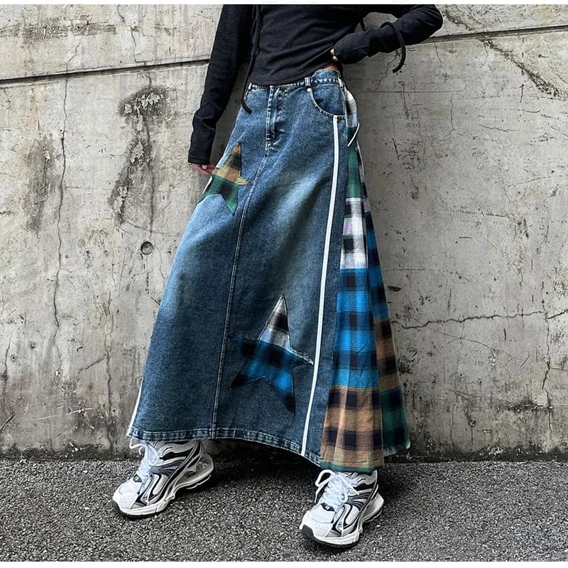 Haute couture Denim jupe femmes élastique taille haute a-ligne jupe longue femme coloré Patchwork Pl