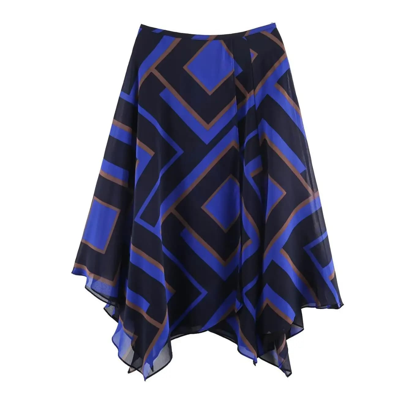 Jupe longue en mousseline de soie pour femme, imprimé géométrique coloré, asymétrique, taille zippée