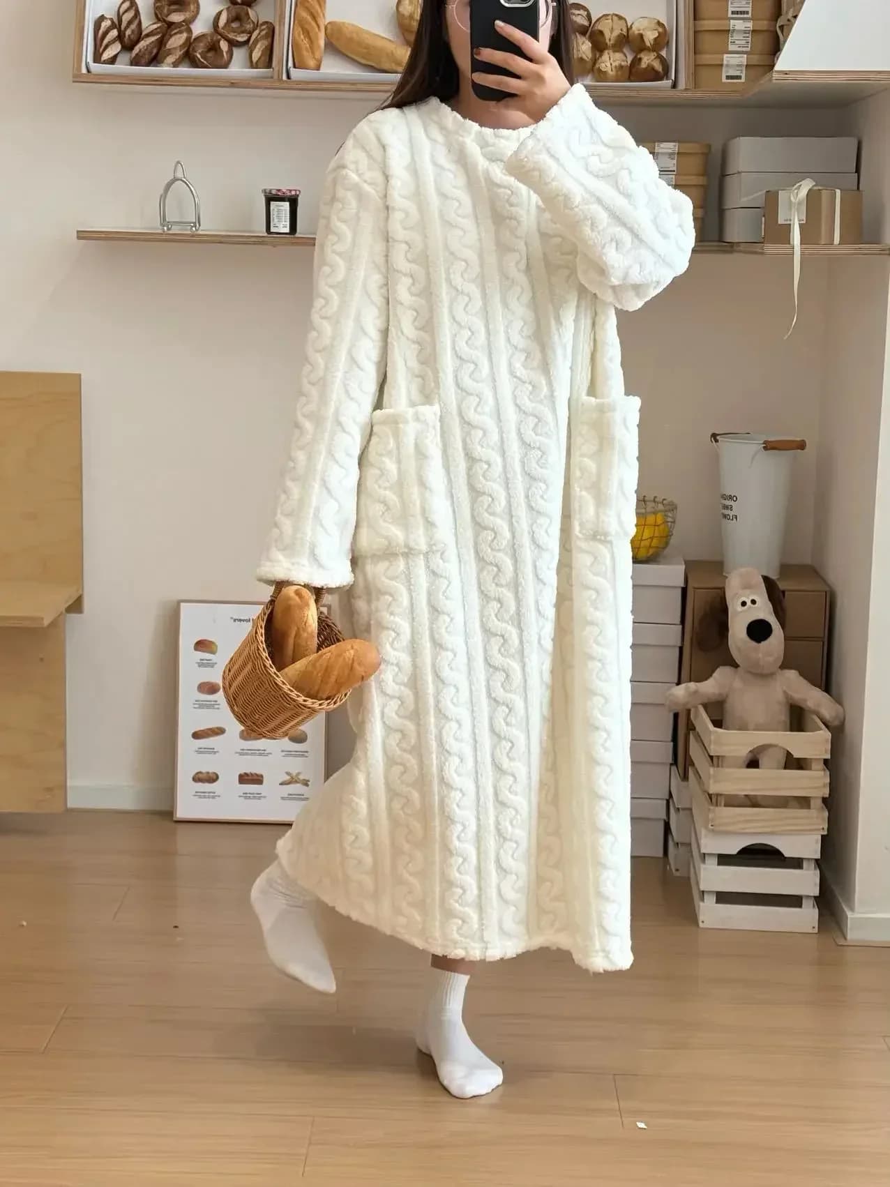 Hiver à manches longues Double poche flanelle chemises de nuit femmes ample solide vêtements de nuit