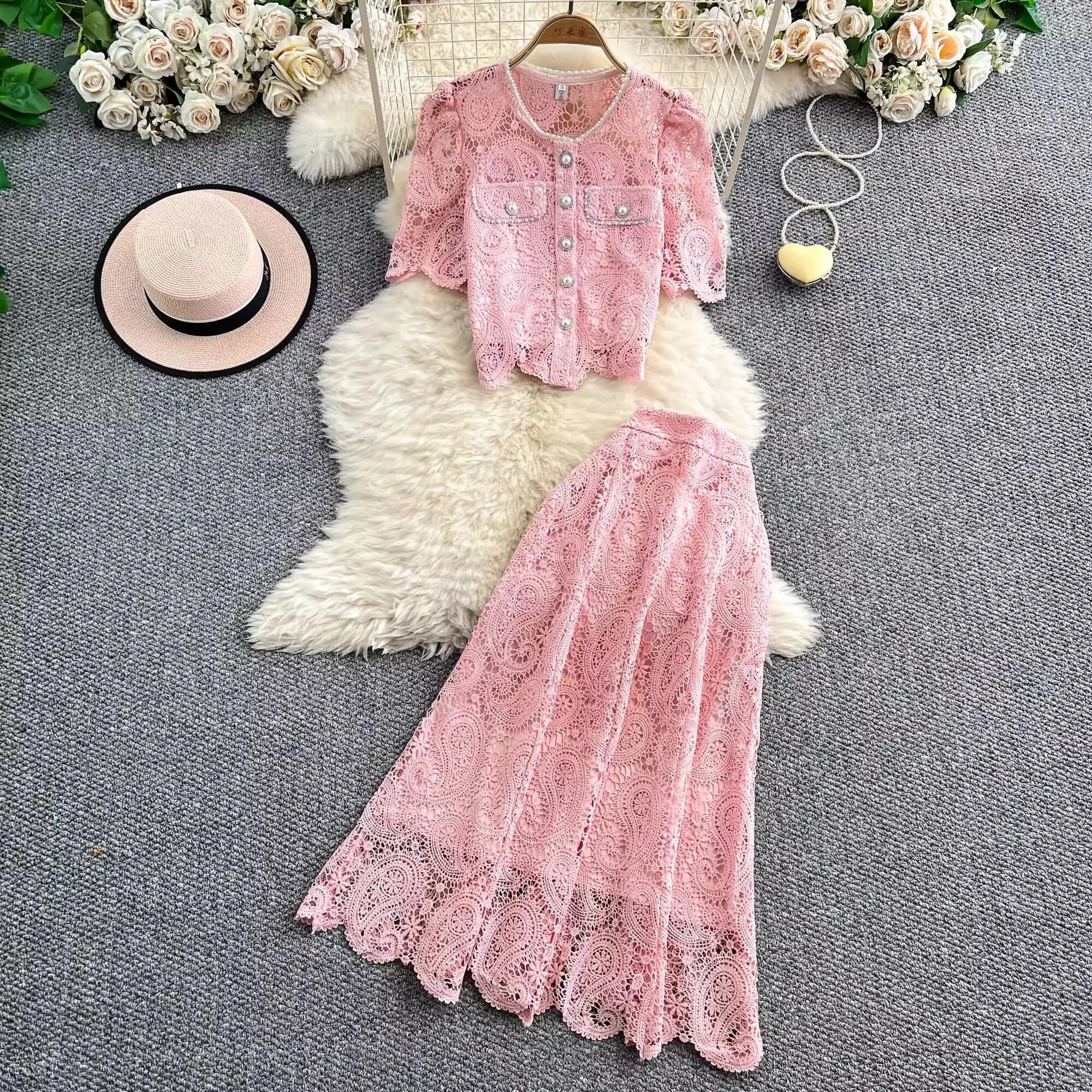 Robe longue élégante en perles pour femmes, ensemble 2 pièces, chemise en dentelle brodée de fleurs,