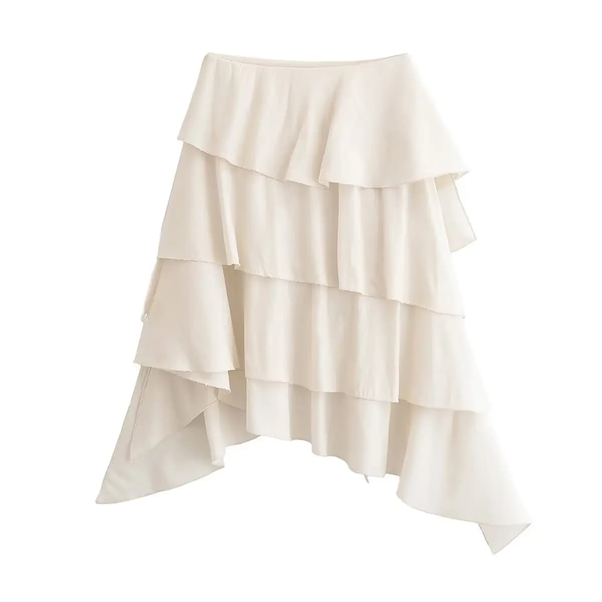 Jupe asymétrique décorative à superpositions, design élégant taille mi-haute, couleur unie, polyeste