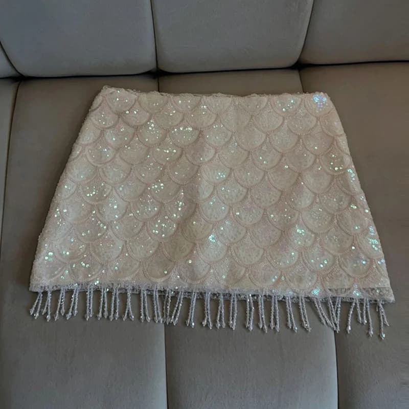 Jupe Courte Femme Blanche Décontractée Y2K à Paillettes pour l'Été, Nouvelle Collection 2026 – Idéal