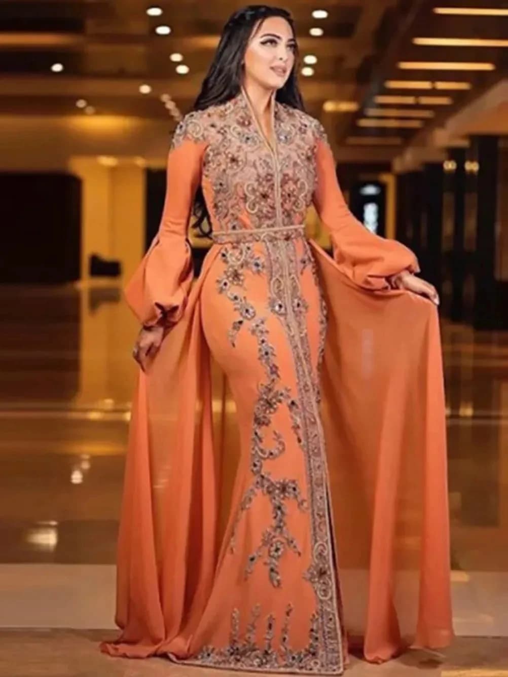 Robes de soirée musulmanes caftan marocain orange, sirène, manches longues, appliques, Dubaï, arabe,