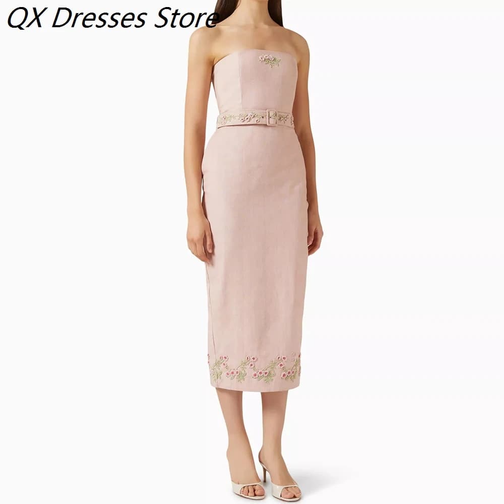 Robes de soirée droites pour femmes, longueur mi-mollet, sans bretelles, sans manches, robes de bal 