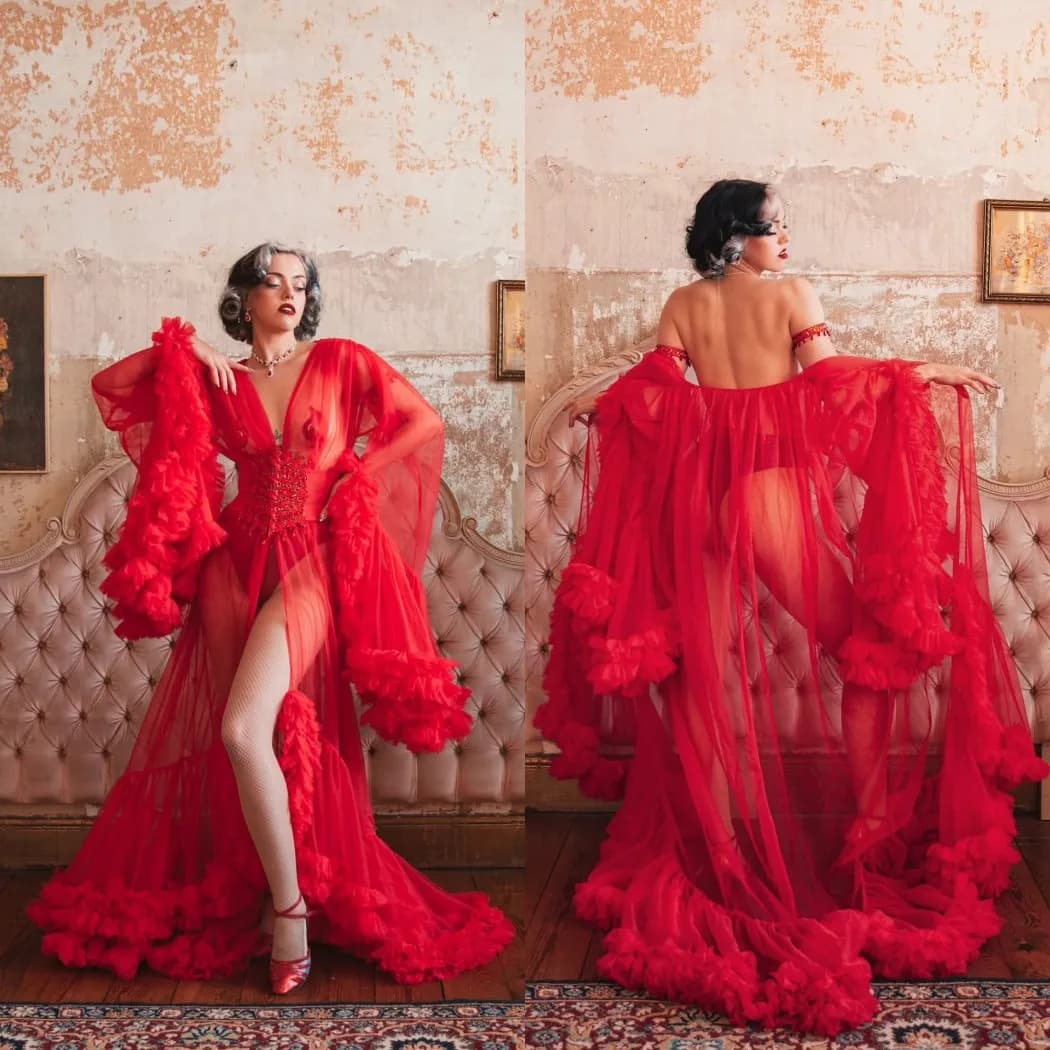 Robes de soirée chic à volants pour femmes, col en V, manches longues, robe bouffante transparente, 