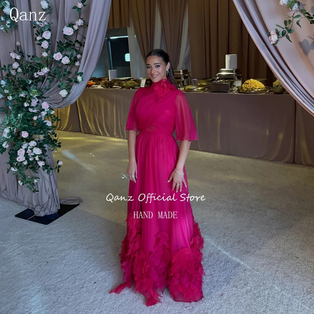 Qanz – Robes de soirée en mousseline de soie fuchsia, demi-manches, pour femmes, tenue de fête de ma