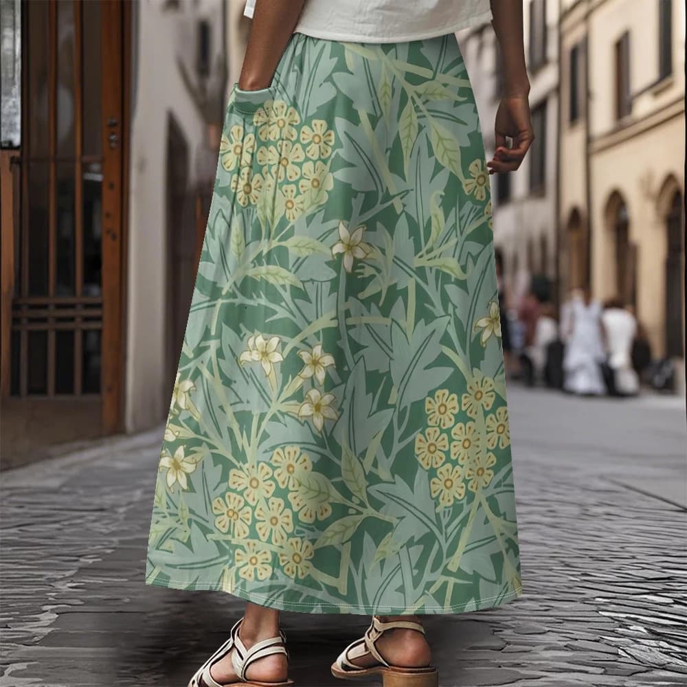 Jupe Maxi style Boho Chic, surdimensionnée, imprimé devant la paume, poches latérales, jupe de vacan