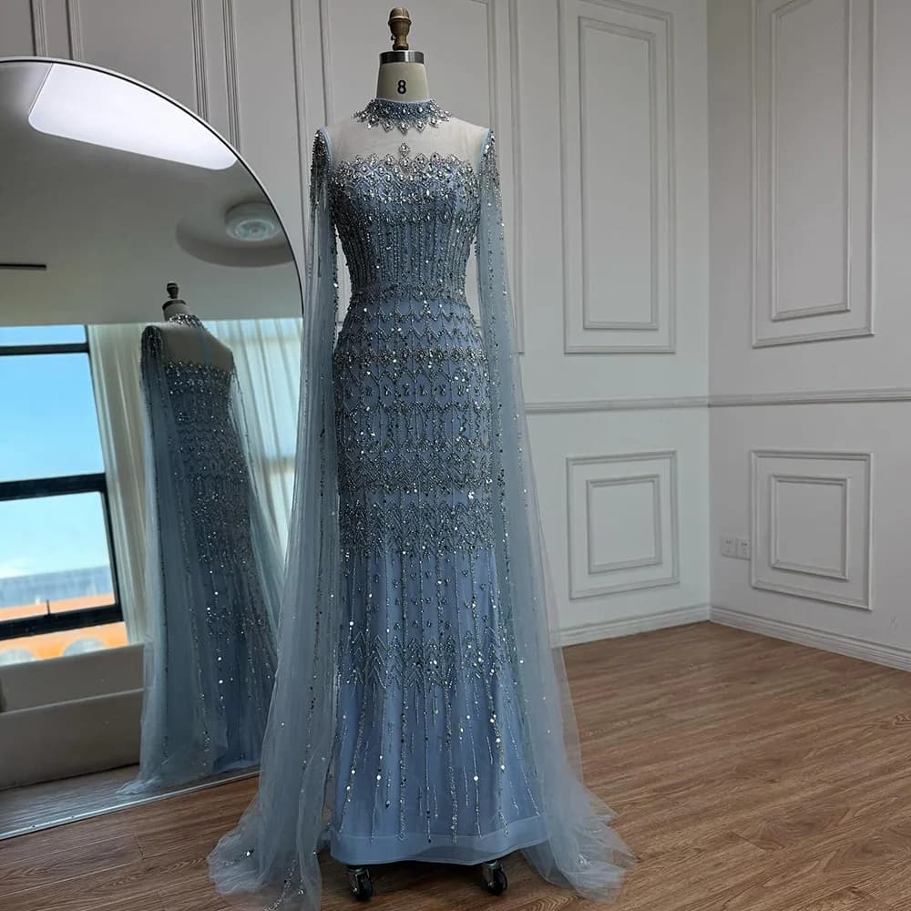 Robe de soirée de luxe en perles, couleur chair, manches longues Cape, pour femmes arabes, Serene Hi