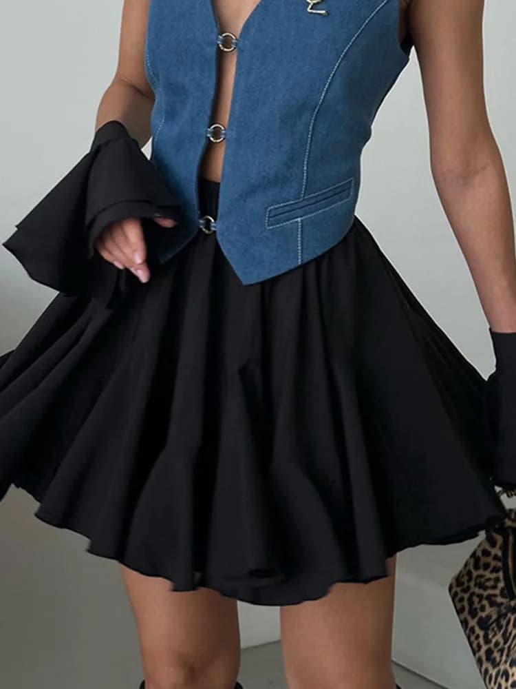 Mini jupe trapèze taille haute pour femme, jupe de tennis vintage à volants, jupes courtes tutu noir