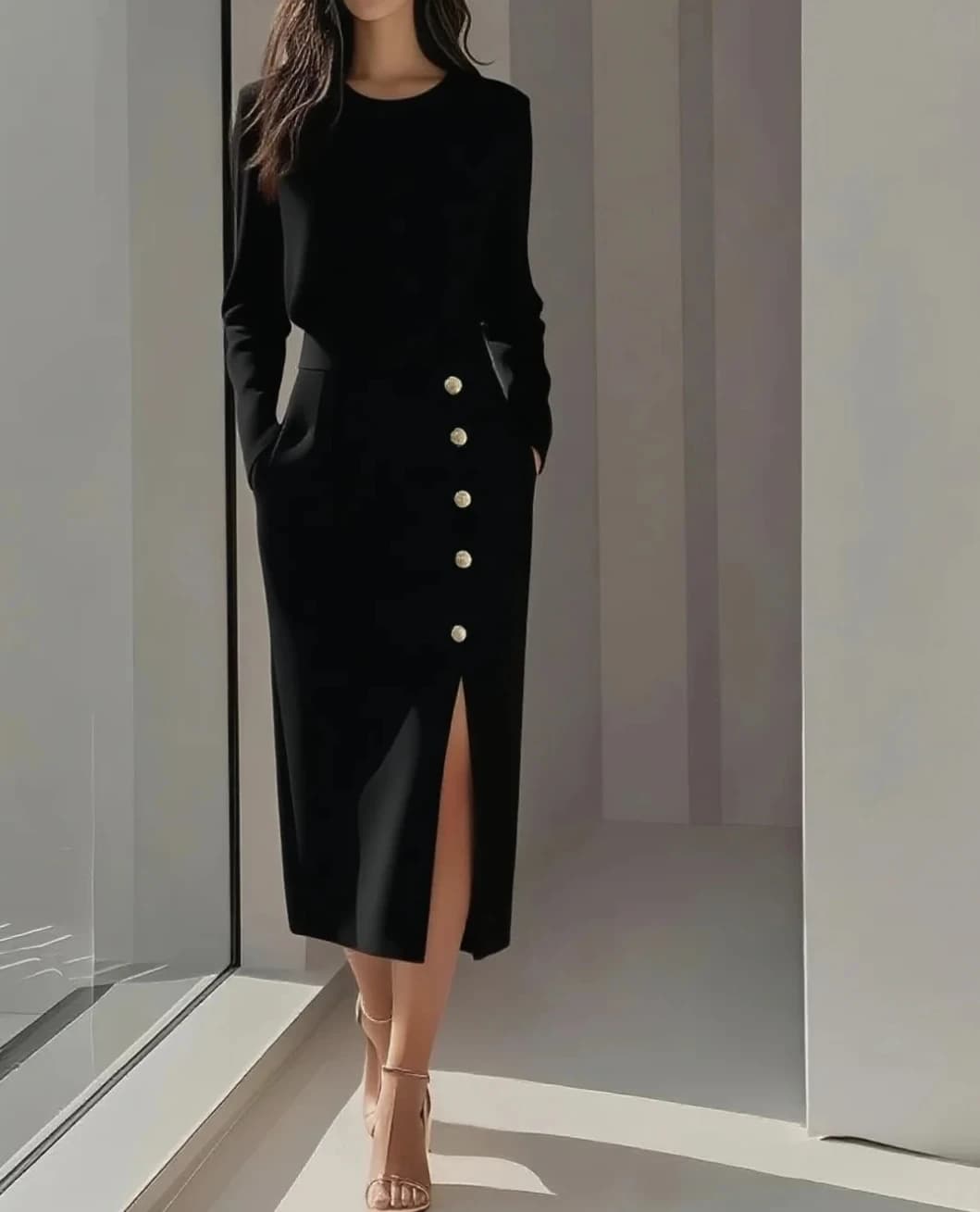 Robe midi élégante pour femme à manches longues, col rond, boutonnée sur le devant, avec fente haute