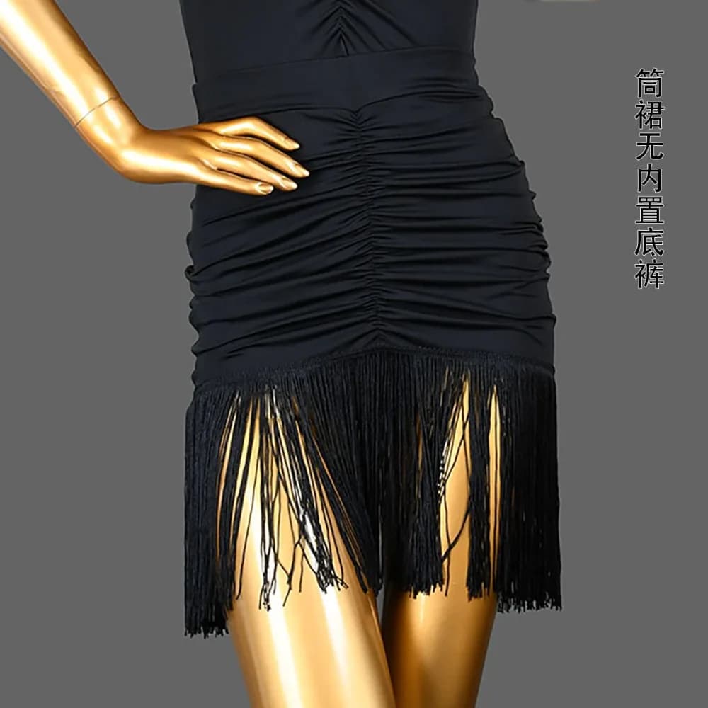 Jupe de danse latine noire à franges et volants pour femmes, costume d'entraînement de danse avec ta