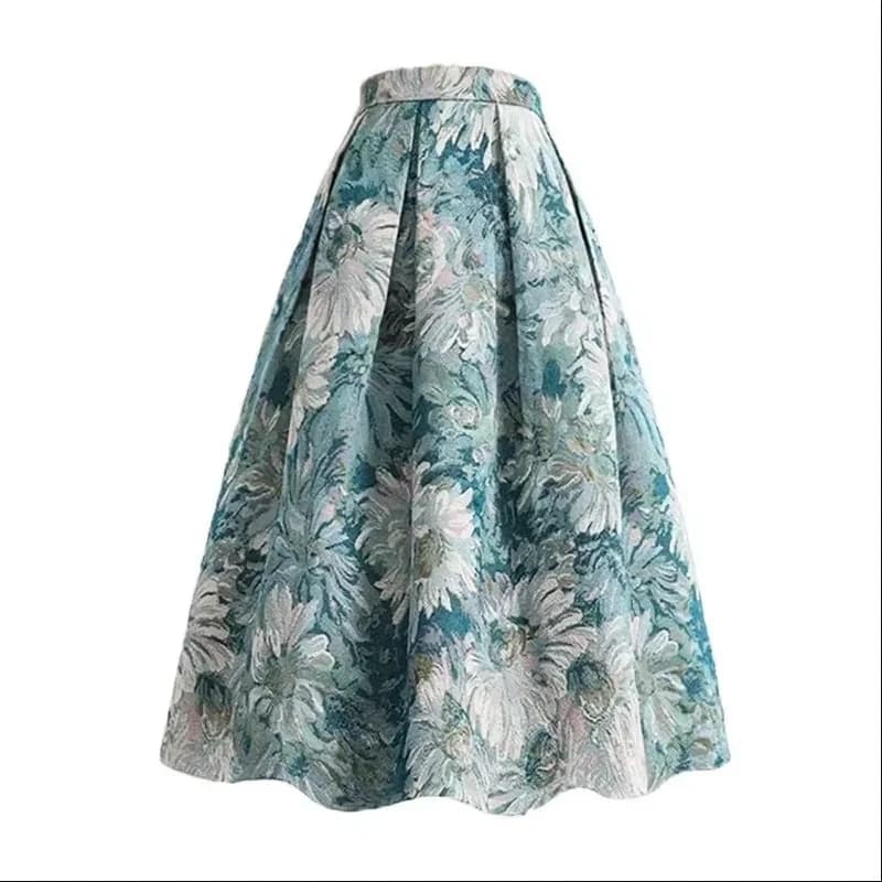 Bleu ciel peinture florale Chic taille haute robe de bal a-ligne jupe ample pour femmes longueur aux