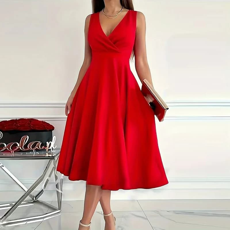 Femmes élégantes sans manches robe longue femmes mode col en V a-ligne robe de soirée rouge robes de